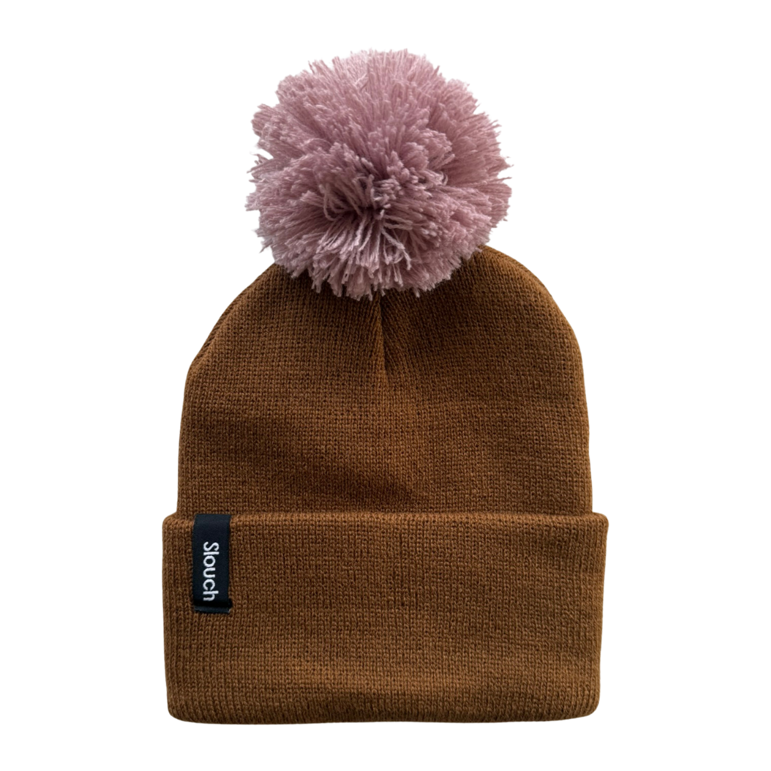 Copper Knit Cuff Beanie w/ Mauve Pom
