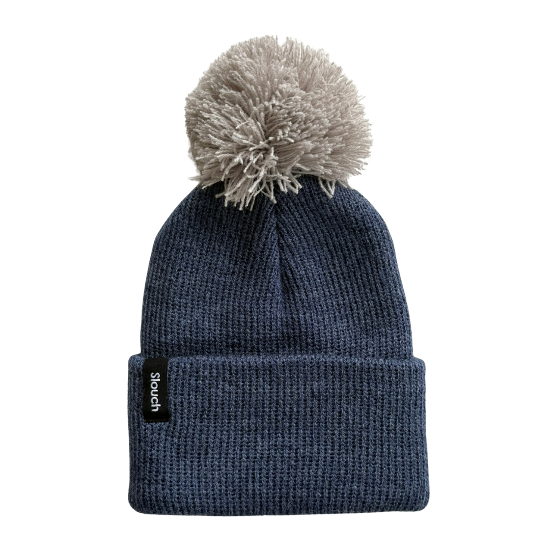 Denim Knit Cuff Beanie w/ Oat Pom