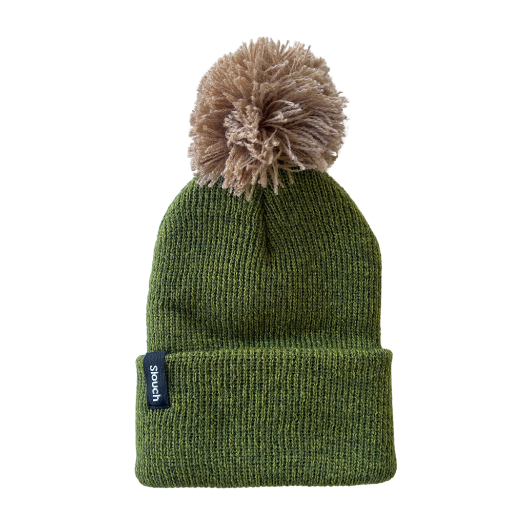 Heather Green Knit Cuff Beanie with Sand Pom for Infants, Toddlers, and Adults