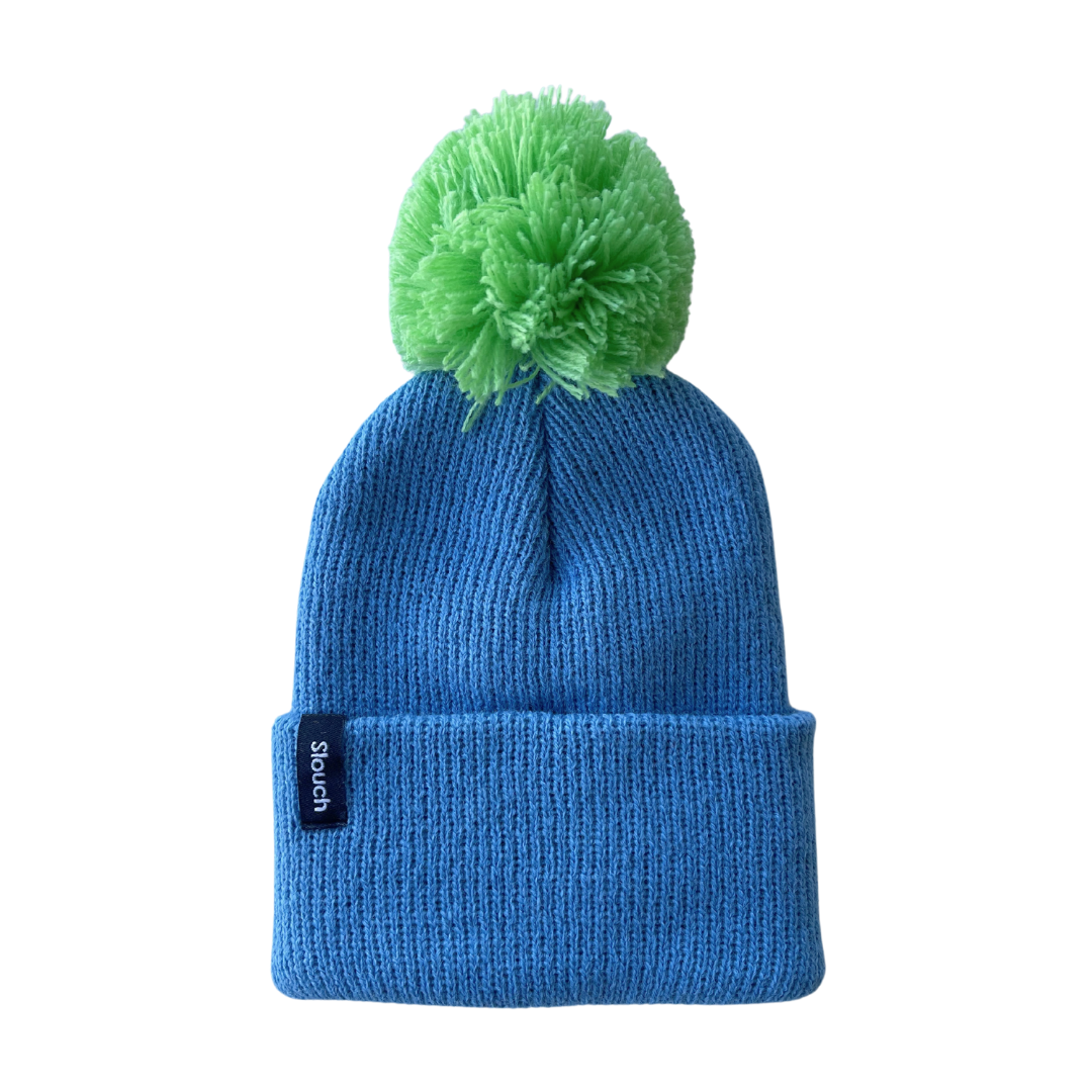 Light Blue Knit Cuff Beanie w/ Green Pom for Infants, Toddlers, and Adults