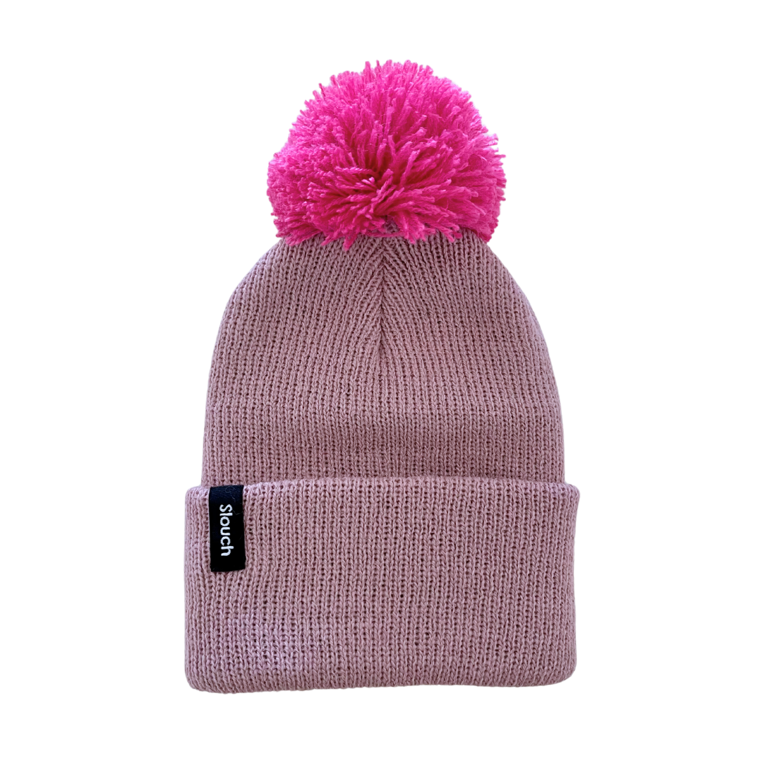 Mauve Knit Cuff Beanie w/ Fuchsia Pom for Infants, Toddlers, and Adults