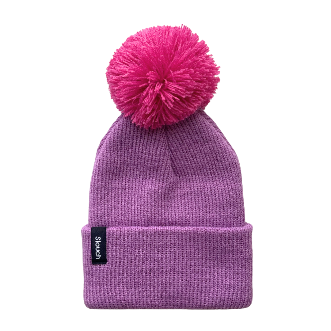Orchid Knit Cuff Beanie w/ Fuchsia Pom for Infants, Toddlers, and Adults