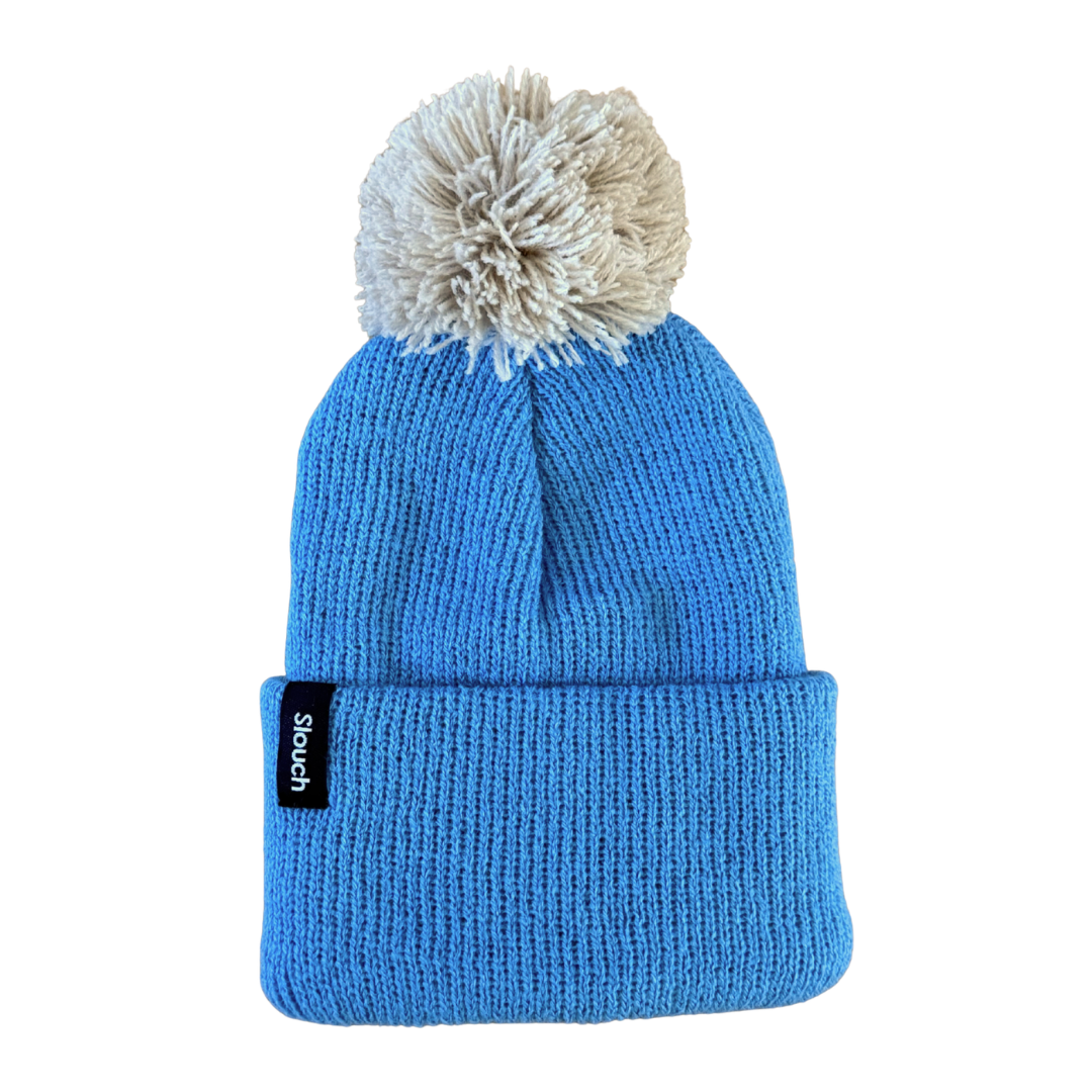 Light Blue Knit Cuff Beanie w/ Moon Pom