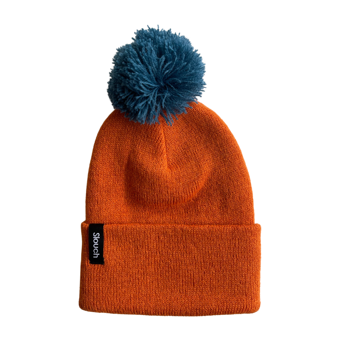 Apricot Knit Cuff Beanie with Blue Pom