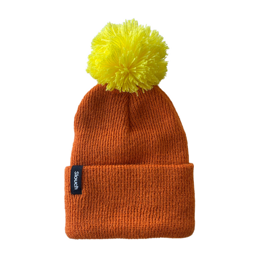 Apricot Knit Cuff Beanie with Yellow Pom for Infants, Toddlers and Adults