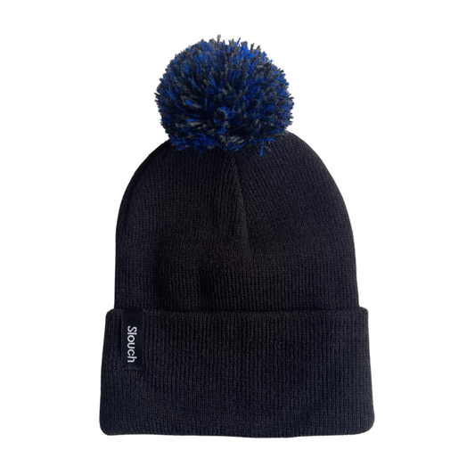 Black Knit Cuff Beanie w/ Blue & Black Pom