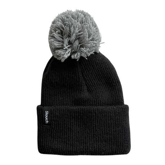 Black Knit Cuff Beanie w/ Gray Pom