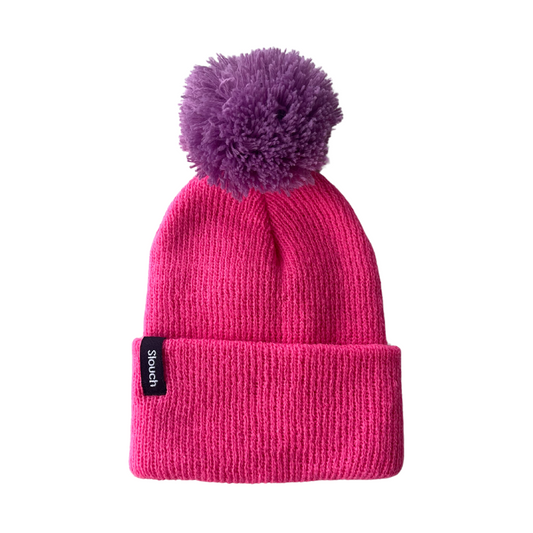 Bubblegum Knit Cuff Beanie with Orchid Pom for Infants, Toddlers, and Adults