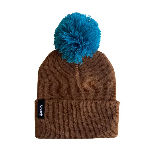 Copper Beanie with Blue Pom for Infants, Toddlers, and Adults