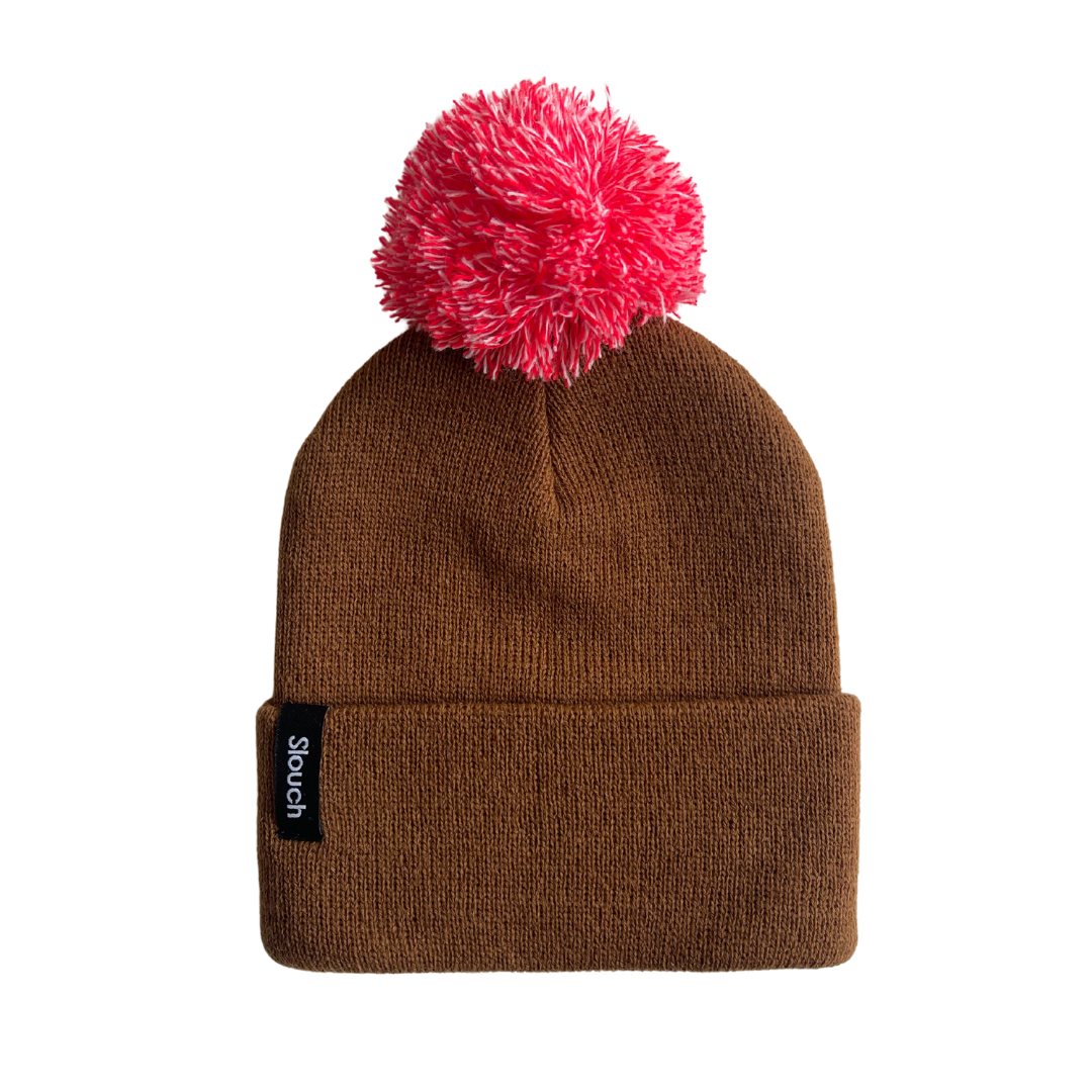 Copper Knit Cuff Beanie with Cherry and White Pom for Infants, Toddlers, and Adults