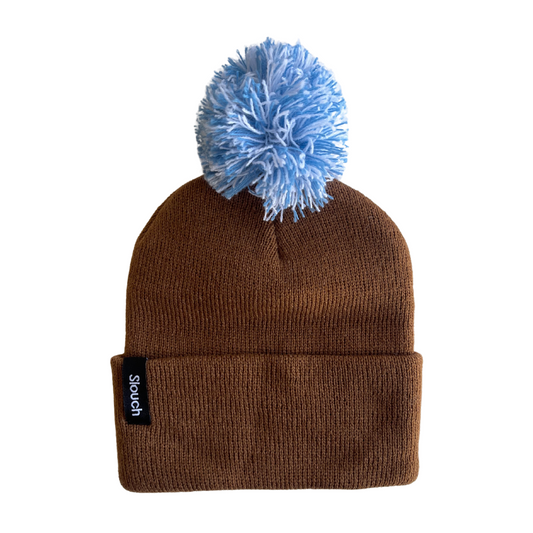 Copper Knit Cuff Beanie w/ Blue & White Pom