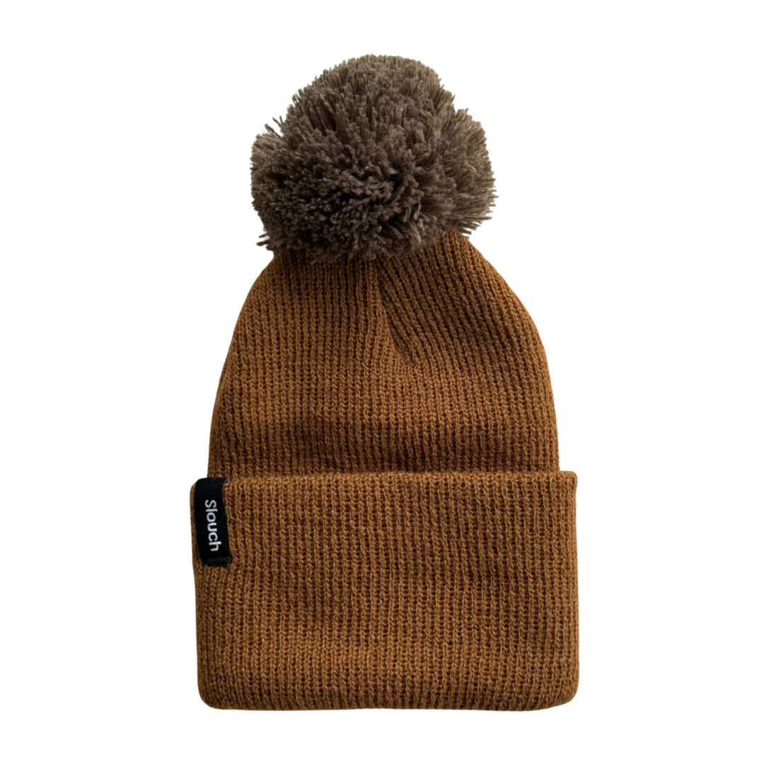 Copper Knit Cuff Beanie w/ Brown Pom