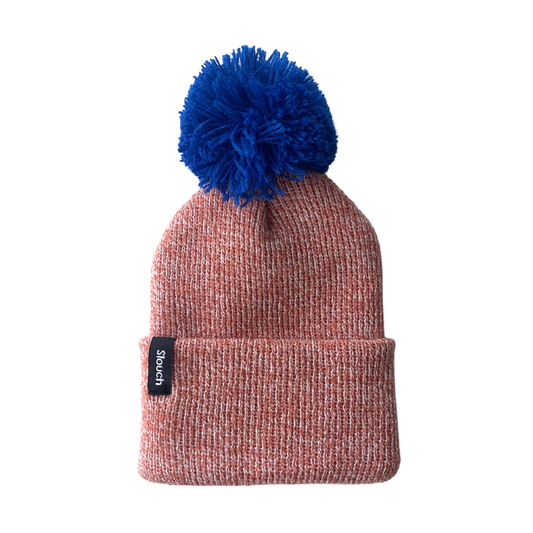 Coral Knit Cuff Beanie w/ Royal Blue Pom