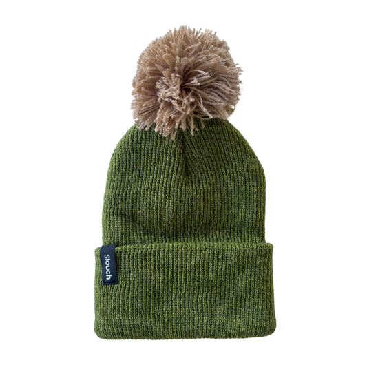 Heather Green Knit Cuff Beanie w/ Sand Pom