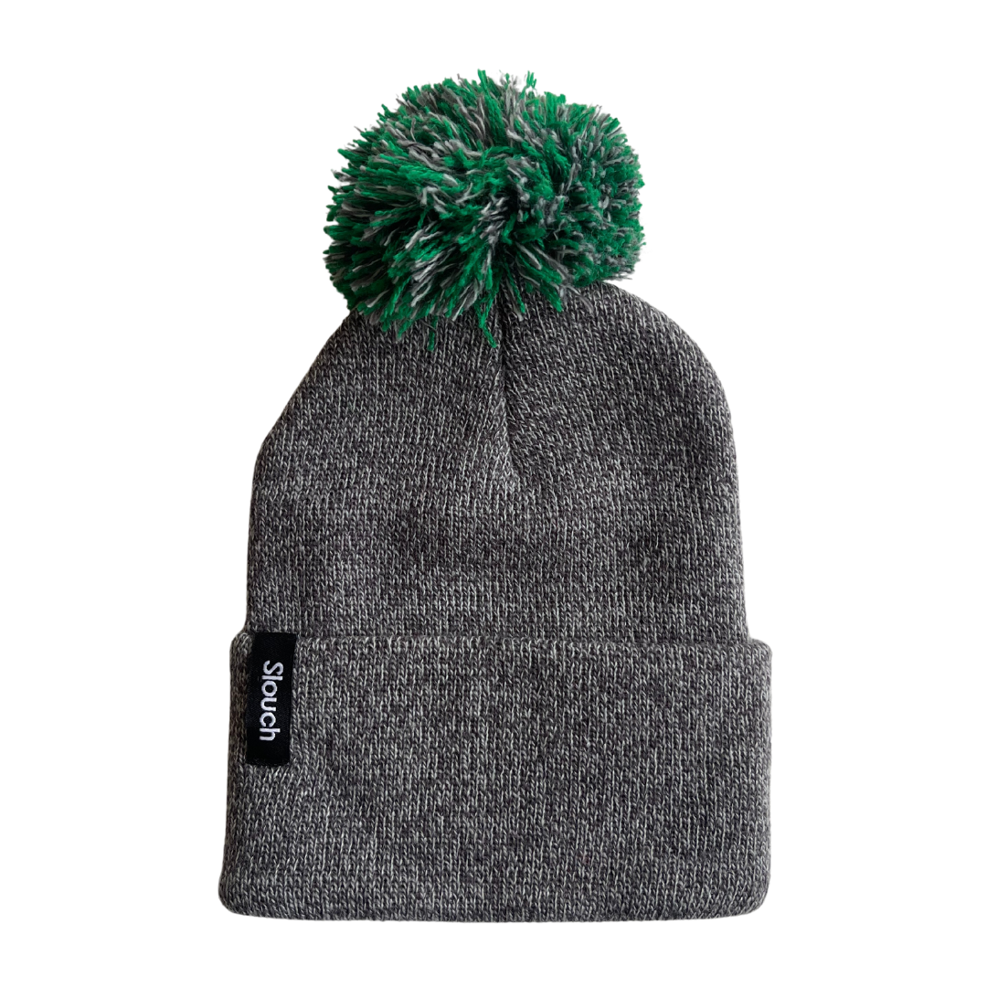 Heather Gray Knit Cuff Beanie w/ Green & Gray Pom