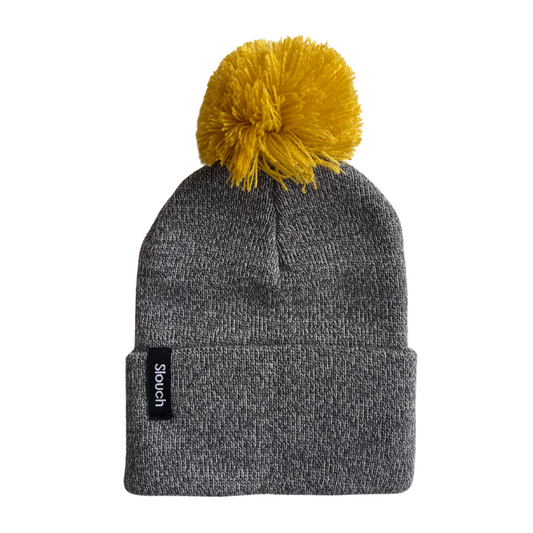 Heather Gray Knit Cuff Beanie w/ Yellow Pom