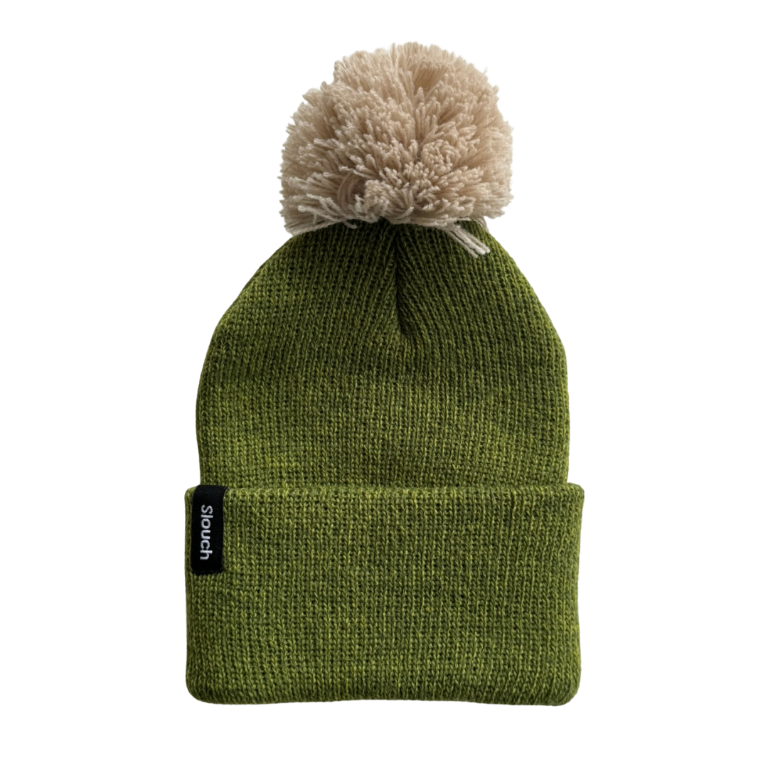 Heather Green Knit Cuff Beanie w/ Moon Pom