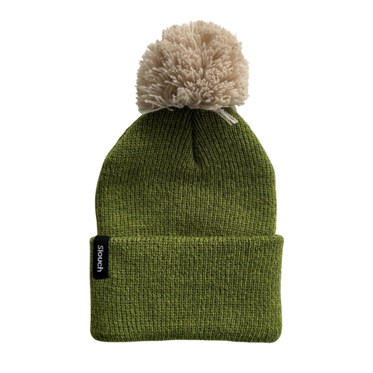 Heather Green Knit Cuff Beanie w/ Moon Pom