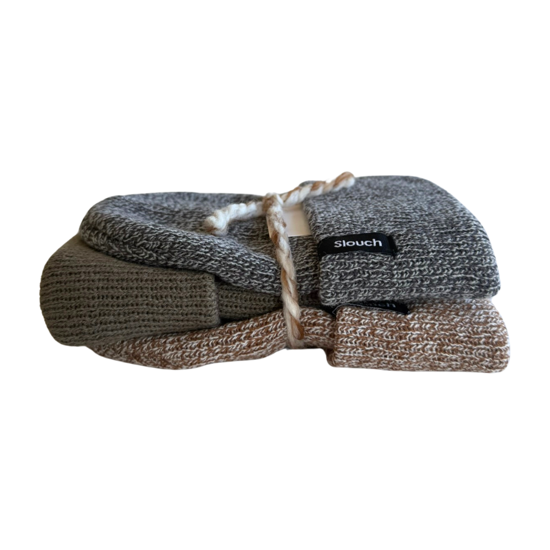 Heather Gray, Cliff, & Heather Copper Beanie Bundle with Yarn Side View