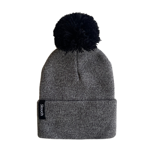 Heather Gray Knit Cuff Beanie with Black Pom for Infants, Toddlers, and Adults