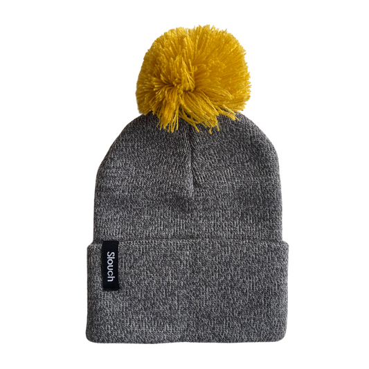 Heather Gray Knit Cuff Beanie with Yellow Pom for Infants, Toddlers, and Adults