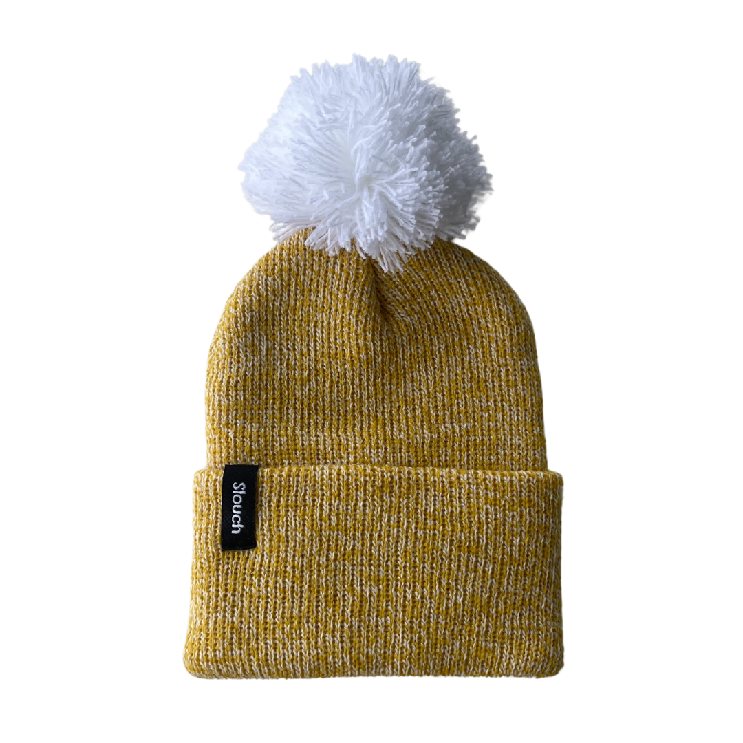 Lemon Knit Cuff Beanie with White Pom for Infants, Toddlers, and Adults