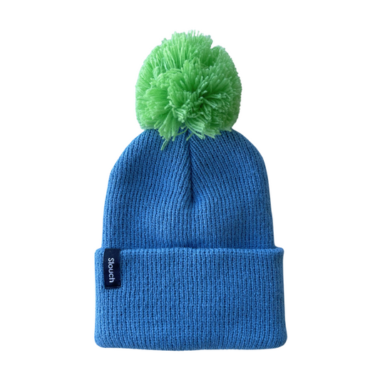 Light Blue Knit Cuff Beanie w/ Green Pom