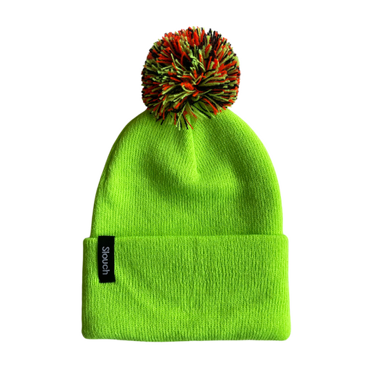 Lime Knit Cuff Beanie w/ Black, Orange & Lime Pom for Infants, Toddlers, and Adults