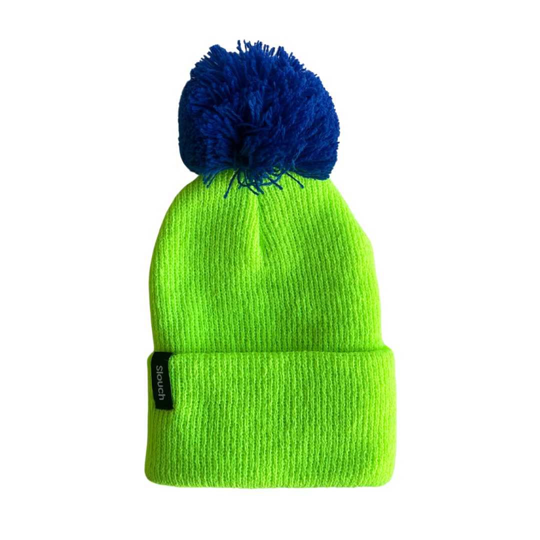 Lime Knit Cuff Beanie w/ Royal Blue Pom for Infants, Toddlers, and Adults