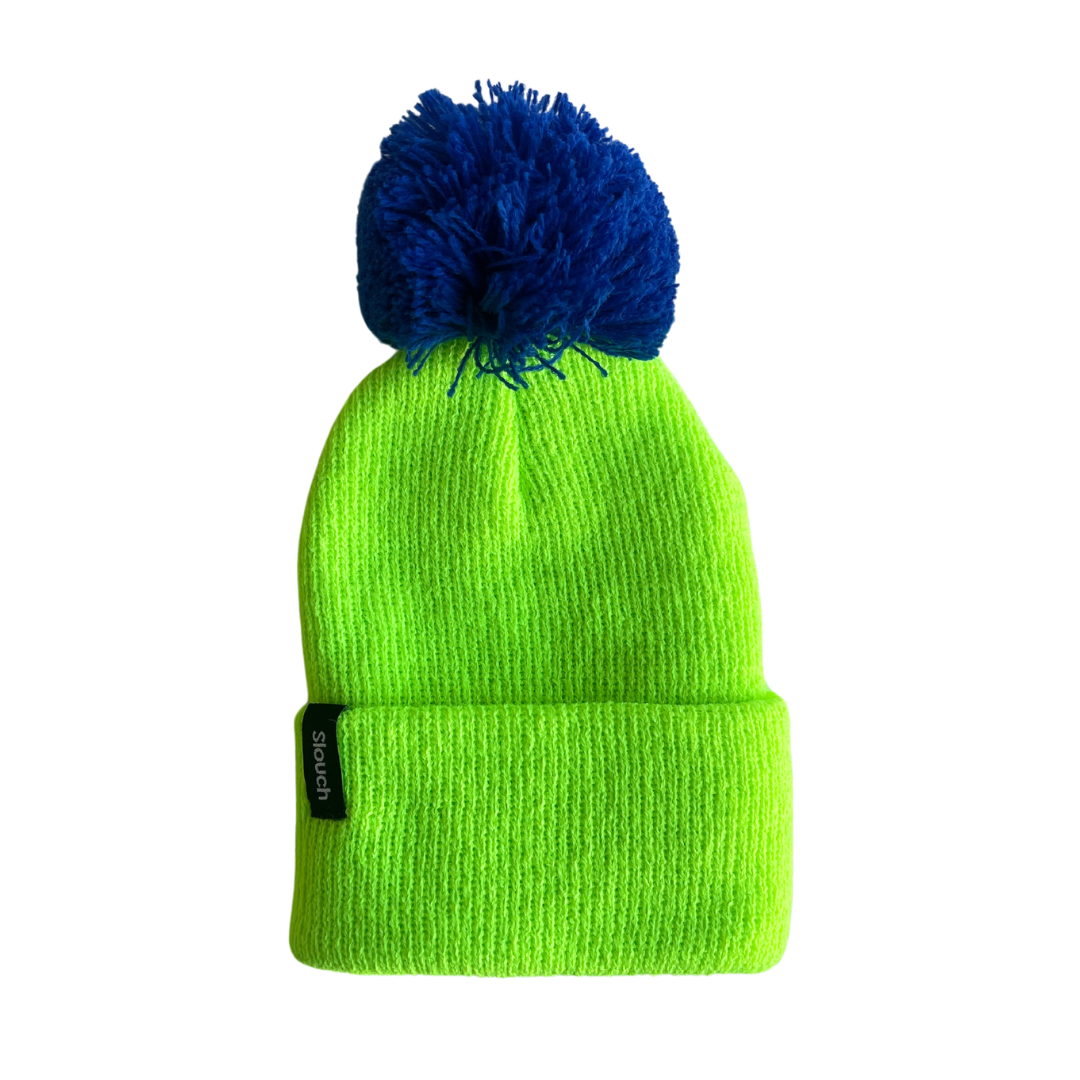 Lime Knit Cuff Beanie w/ Royal Blue Pom