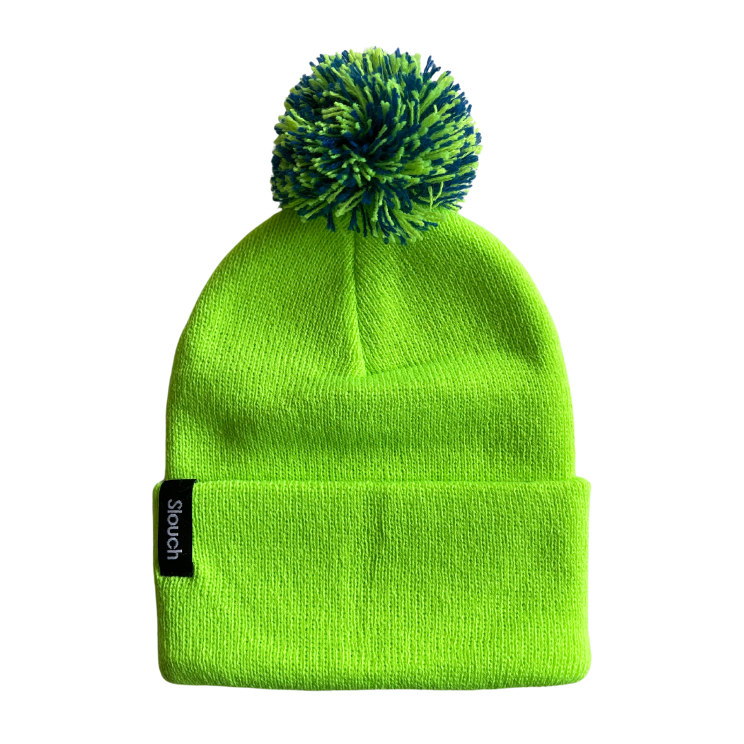 Lime Knit Cuff Beanie w/ Blue & Lime Pom