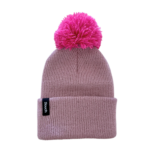 Mauve Knit Cuff Beanie w/ Fuchsia Pom