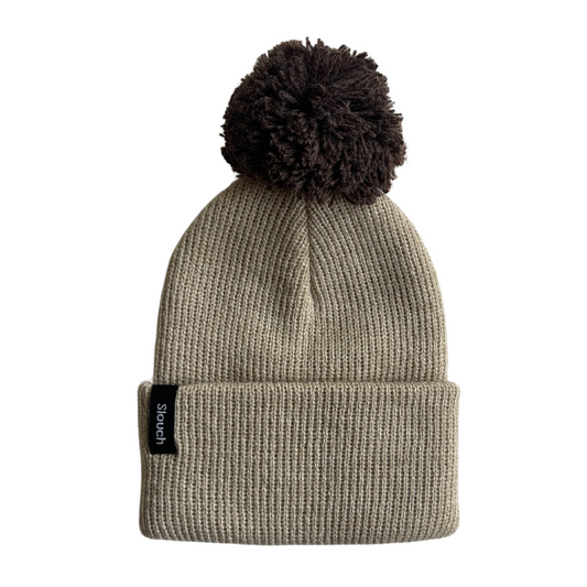 Oatmeal Knit Cuff Beanie w/ Trail Pom