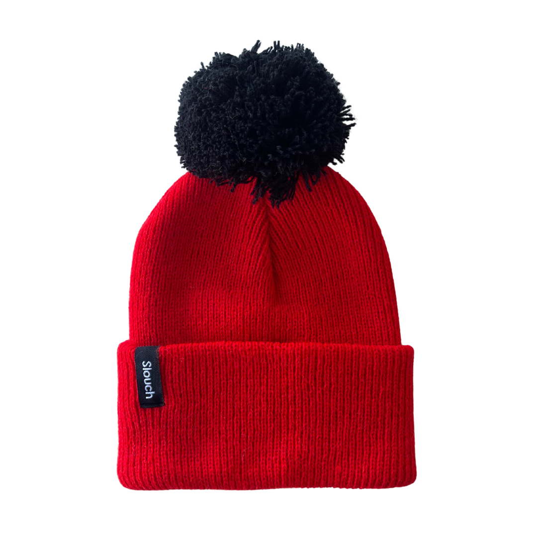 Red Knit Cuff Beanie w/ Black Pom for Infants, Toddlers, and Adults