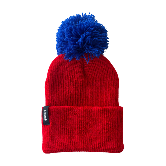 Red Knit Cuff Beanie w/ Royal Blue Pom for Infants, Toddlers, and Adults