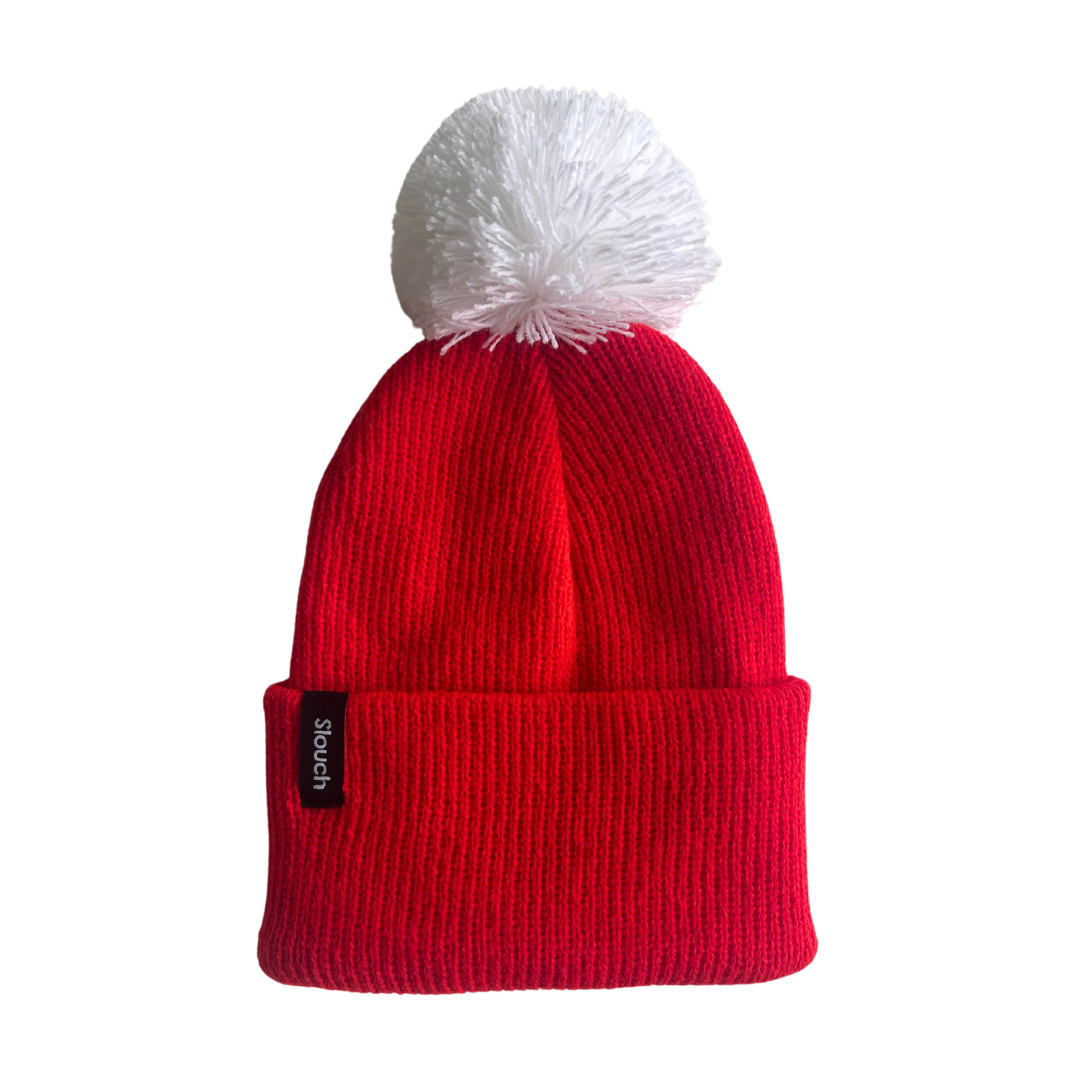 Red Knit Cuff Beanie w/ White Pom for Infants, Toddlers, and Adults