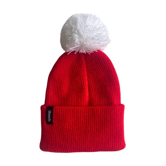 Red Knit Cuff Beanie w/ White Pom