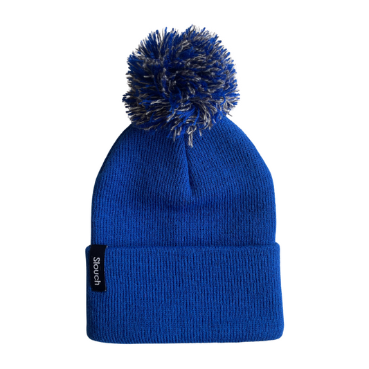 Royal Blue Knit Cuff Beanie w/ Blue & Gray Pom