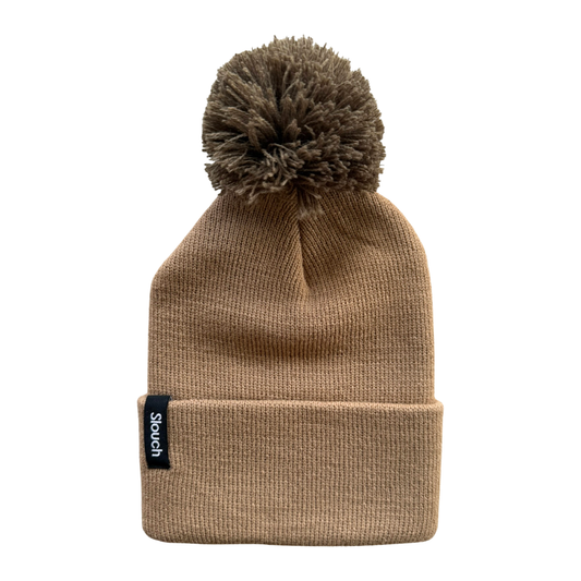 Sand Knit Cuff Beanie w/ Brown Pom