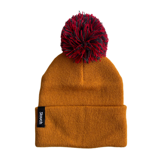 Sunburst Knit Cuff Beanie w/ Red & Charcoal Pom for Infants, Toddlers, and Adults